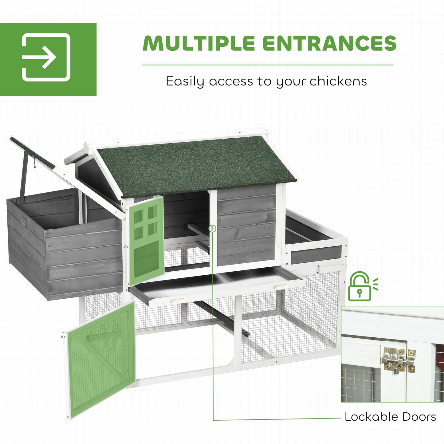 PawHut Wooden Chicken Coop for Outdoor Backyard with Raised Garden Bed, Run Area, Nesting Box Removable Tray, Gray