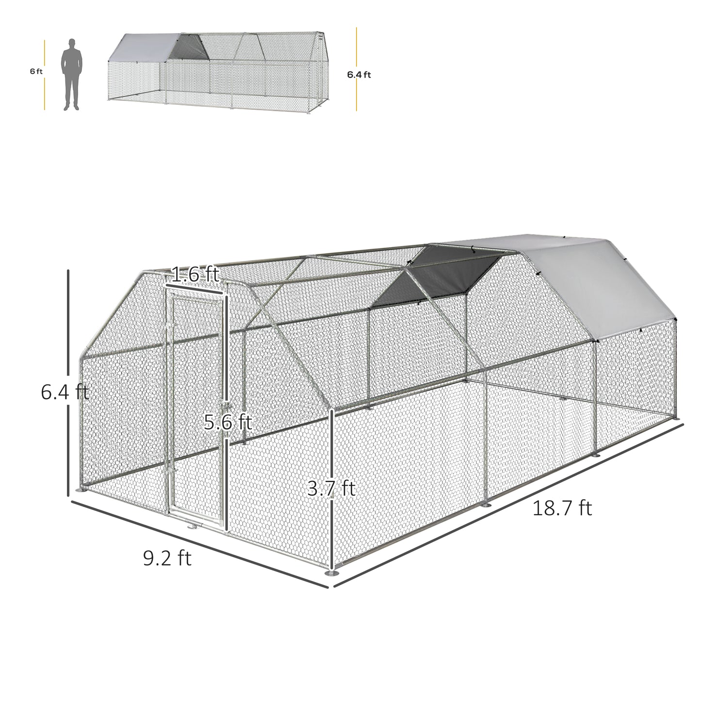 PawHut Large Chicken Coop Metal Chicken Run with Waterproof and Anti-UV Cover, Flat Shaped Walk-in Fence Cage Hen House for Outdoor and Yard Farm Use, 1.3" Tube Diameter, 9' x 18.5' x 6.5'