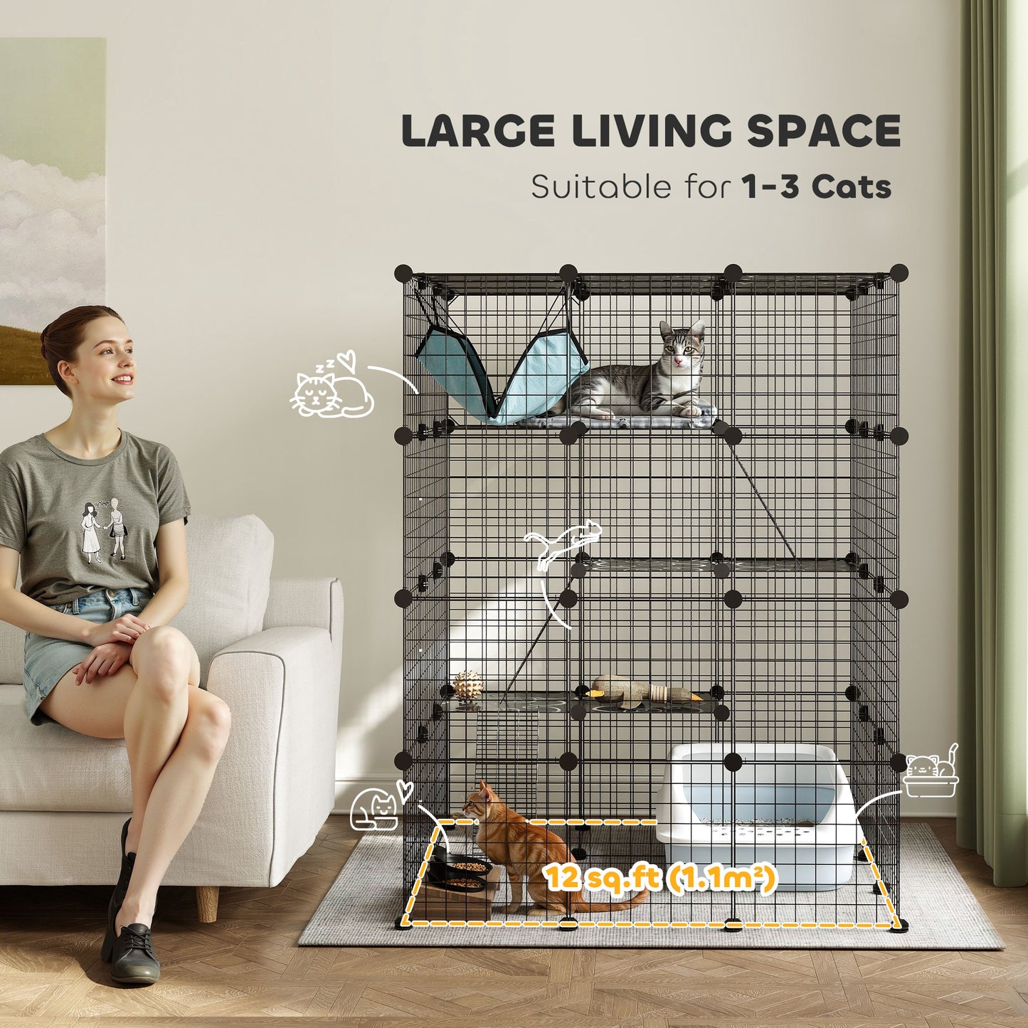 PawHut DIY 4 Tier Cat Cage Indoor with Hammock, Ramps, Jumping Platforms, Doors, Cat Enclosure for 1-3 Cats, 3 x 3 x 4, Black
