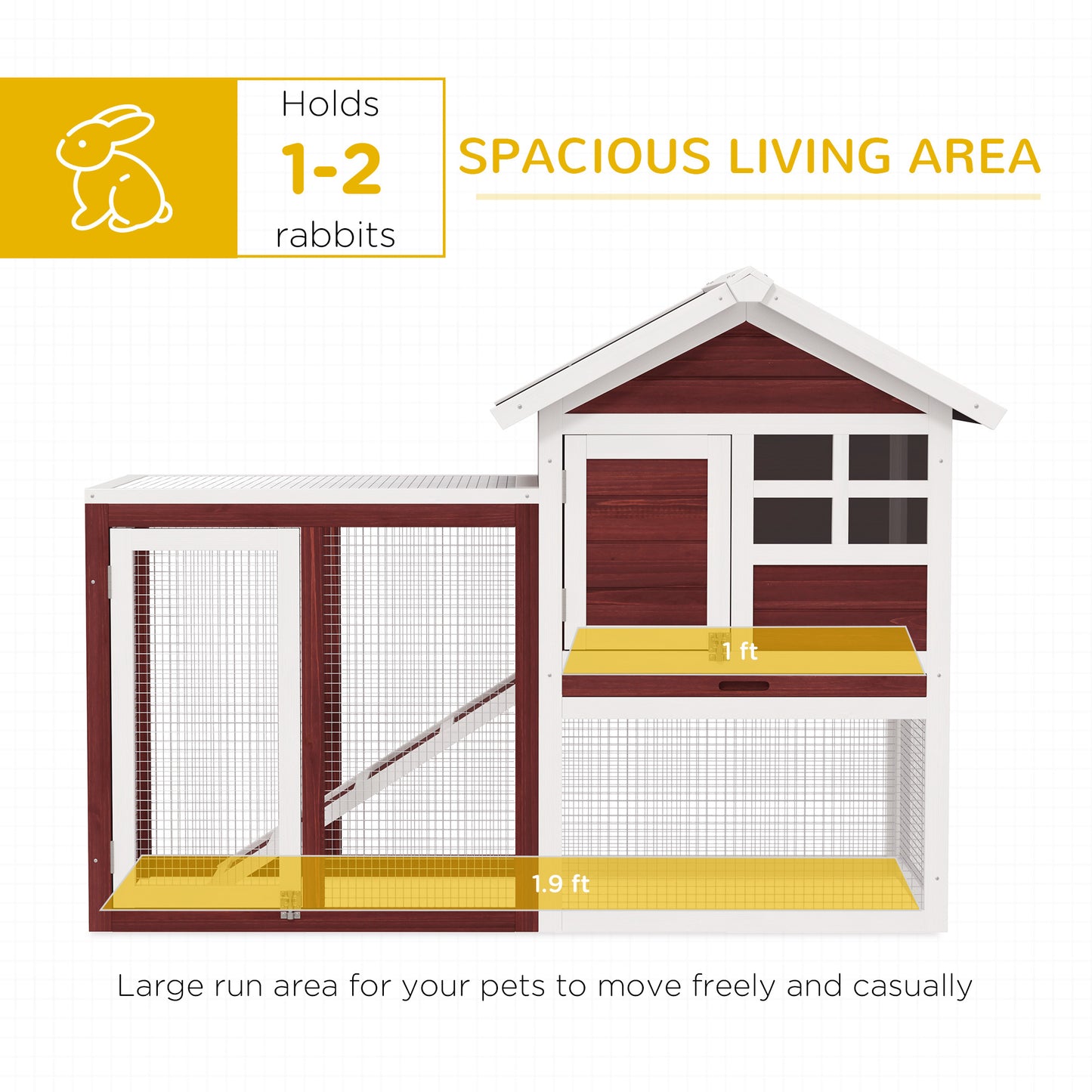 PawHut 48" Wooden Rabbit Hutch Bunny Cage with Waterproof Asphalt Roof, Fun Outdoor Run, Removable Tray and Ramp, for Rabbits, Chickens, Ducks, Brown