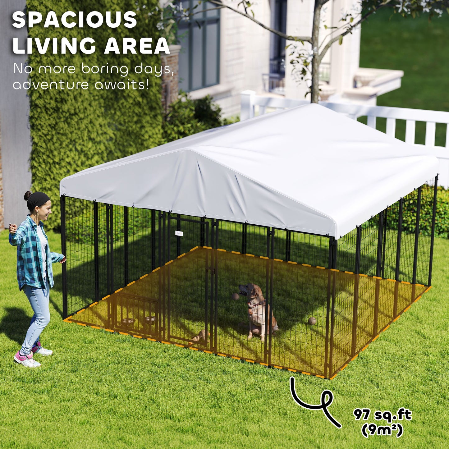 PawHut Welded Wire Outdoor Dog Kennel with 360° Rotating & 4 Levels Adjustable Bowls, Waterproof Cover, 9.8' x 9.8' x 6.8'