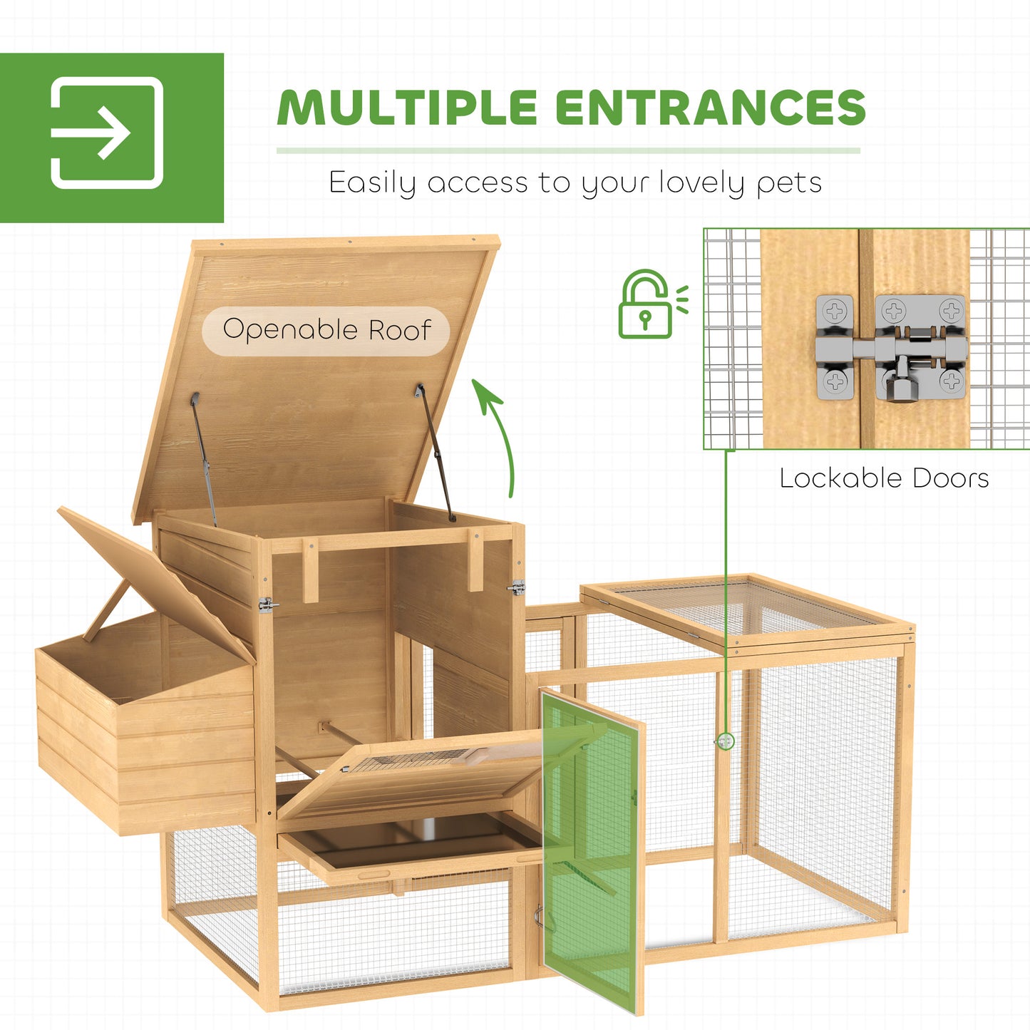 PawHut 75" Wooden Chicken Coop with Nesting Box, Removable Tray, Ramp Run, for Garden Backyard, Natural Wood
