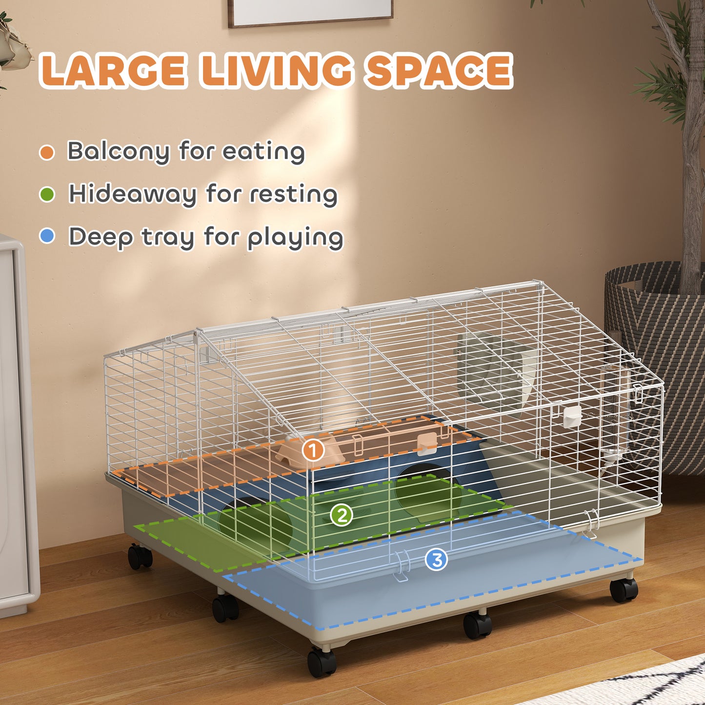PawHut Rolling Small Animal Cage w/Water Bottle, Hay Feeder & Food Dish