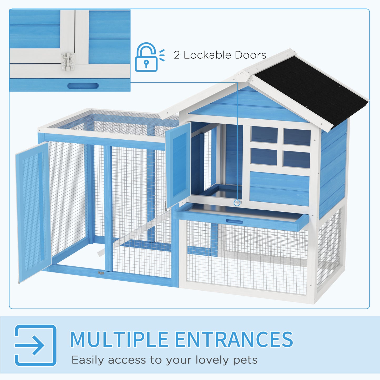 PawHut 48" Wooden Rabbit Hutch Bunny Cage with Waterproof Asphalt Roof, Fun Outdoor Run, Removable Tray and Ramp, for Rabbits, Chickens, Ducks, Light Blue