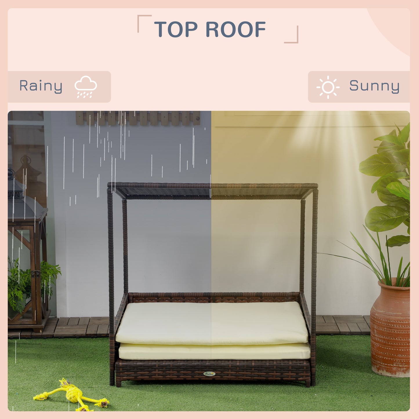 PawHut Outdoor Dog Bed, Extendable Wicker Dog Bed with Roof, Soft Cushion for Small and Medium Dogs, Mixed-Brown