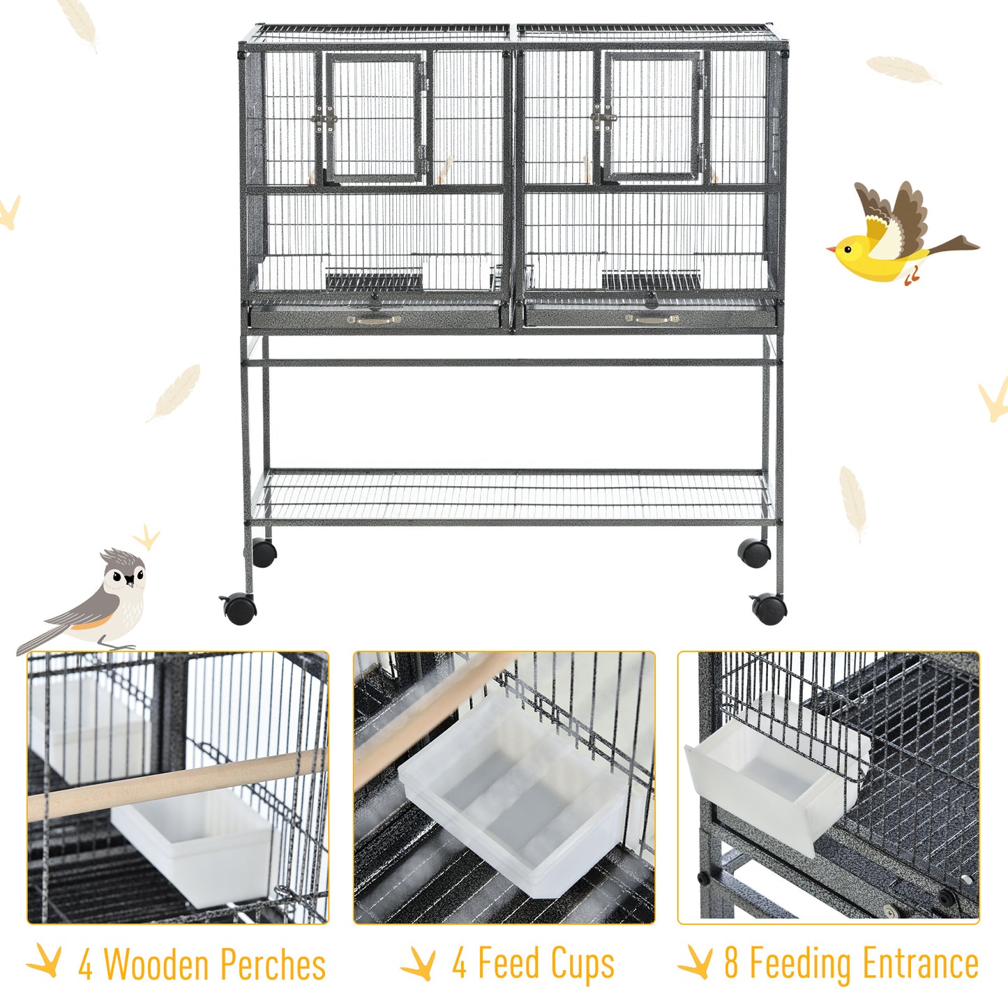 PawHut Divided Breeder Bird Cage with Rolling Stand Removable Metal Tray, Storage Shelf, Wood Perch, and Food Container