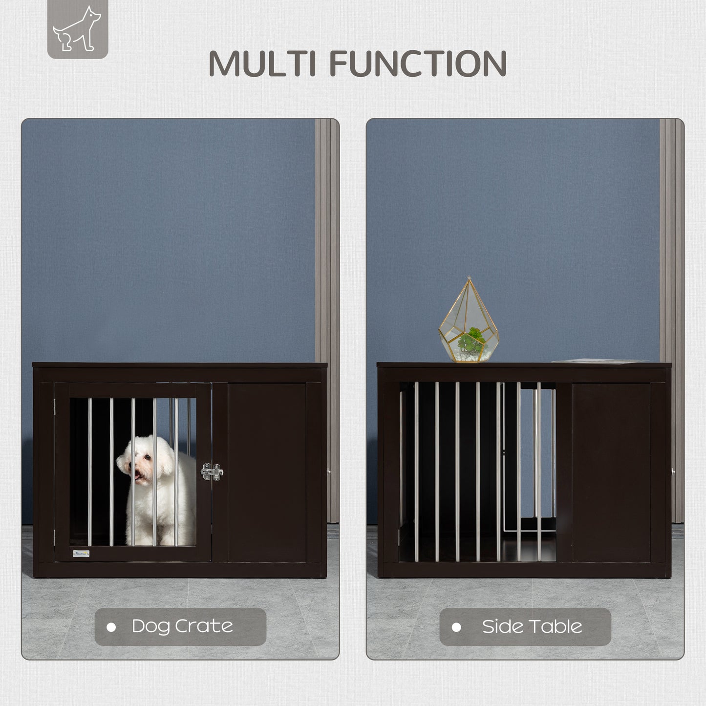 PawHut Dog Crate Furniture Wire Pet Cage Wooden Dog Kennel, End Table with Double Doors, and Locks, for Medium and Large Dog House Indoor Use, Coffee