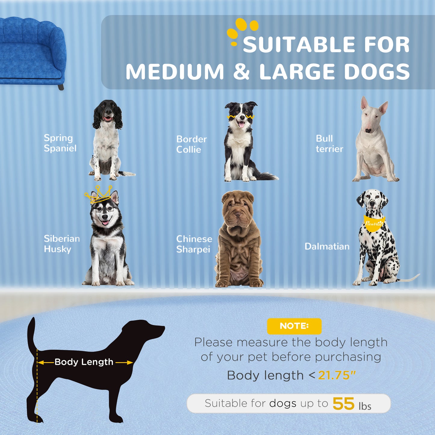 PawHut Pearl Design Pet Sofa for Medium and Large Sized Dogs, Pet Bed with Cushion and Solid Wood Legs, Dark Blue