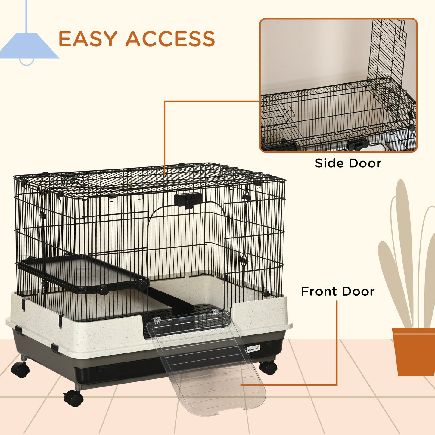 PawHut 2-tier Compact Platform Rolling Small Animal Rabbit Cage for Hamsters, Chinchillas & Gerbils with a Large Living Space