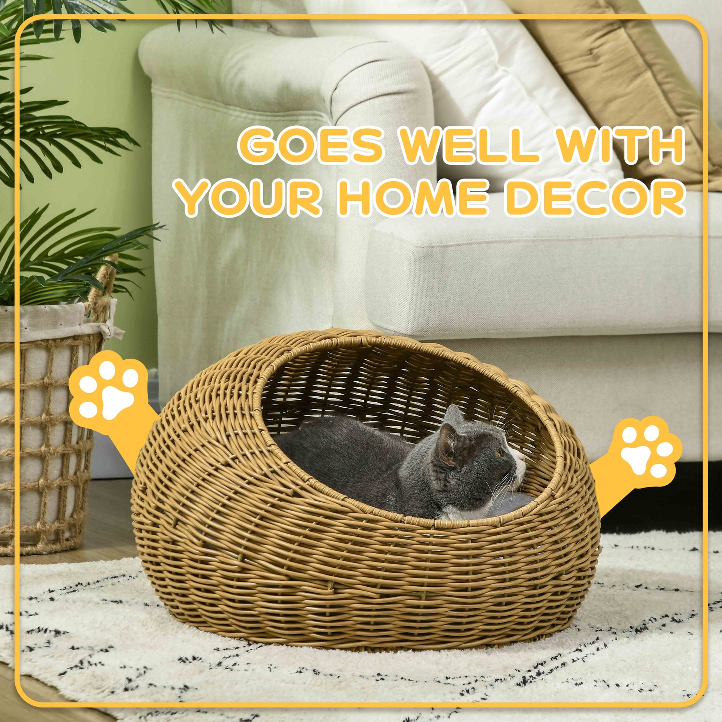 PawHut Rattan Cat Bed with Washable Cushion for Cats, Puppies, Light Brown