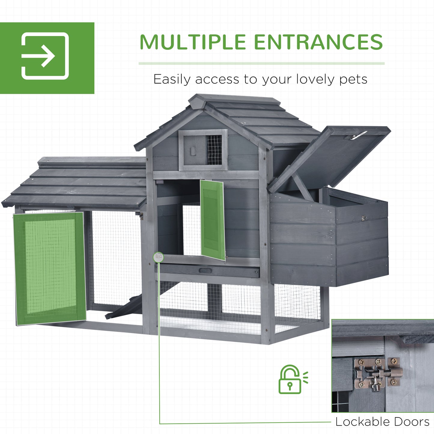 PawHut 59" Small Wooden Chicken coop Hen House Poultry Cage for Outdoor Backyard with 2 Doors, Nesting Box and Removable Tray, Gray