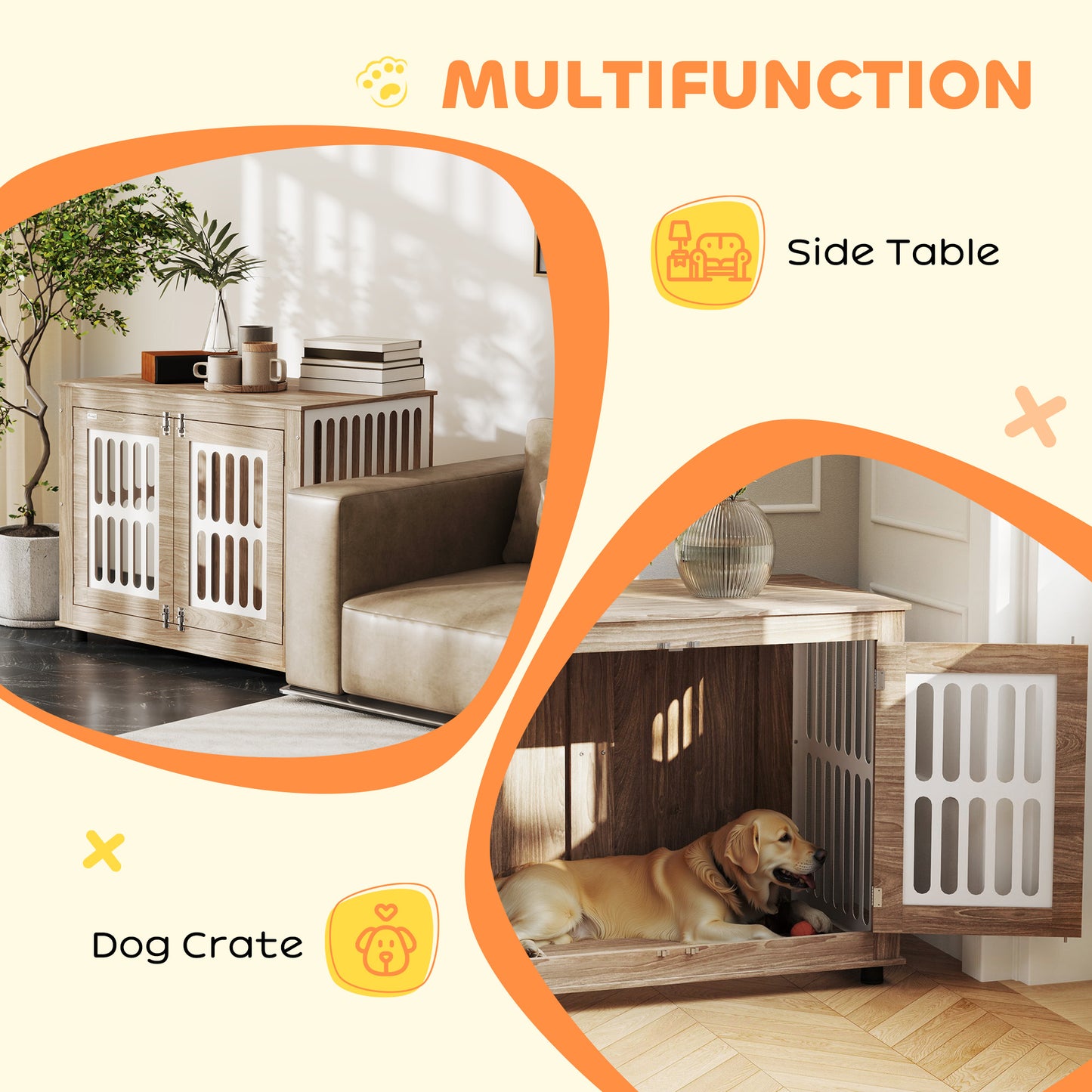 PawHut 39" Dog Crate Furniture with 2 Doors, Adjustable Non-slip Foot Mats, for Large Dogs, Walnut Brown