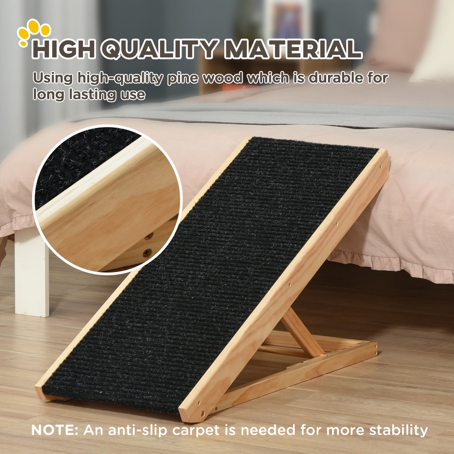 PawHut Elevated Dog Ramp for Bed, Foldable and Height Adjustable Pet Ramp for Cats with Non-Slip Finish, Pine 35.5" L x 16" W x 24" H, Black