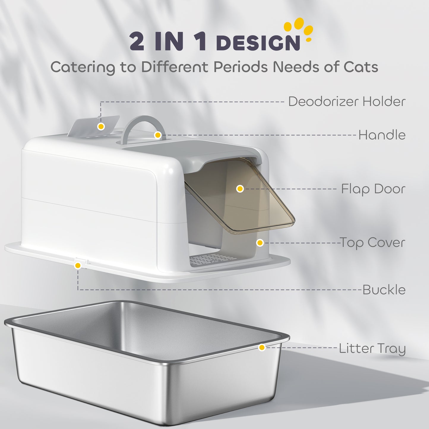 PawHut 2 in 1 Stainless Steel Cat Litter Box with Removable Lid, Scoop, Filter Bags, for Small to Large Cats, White