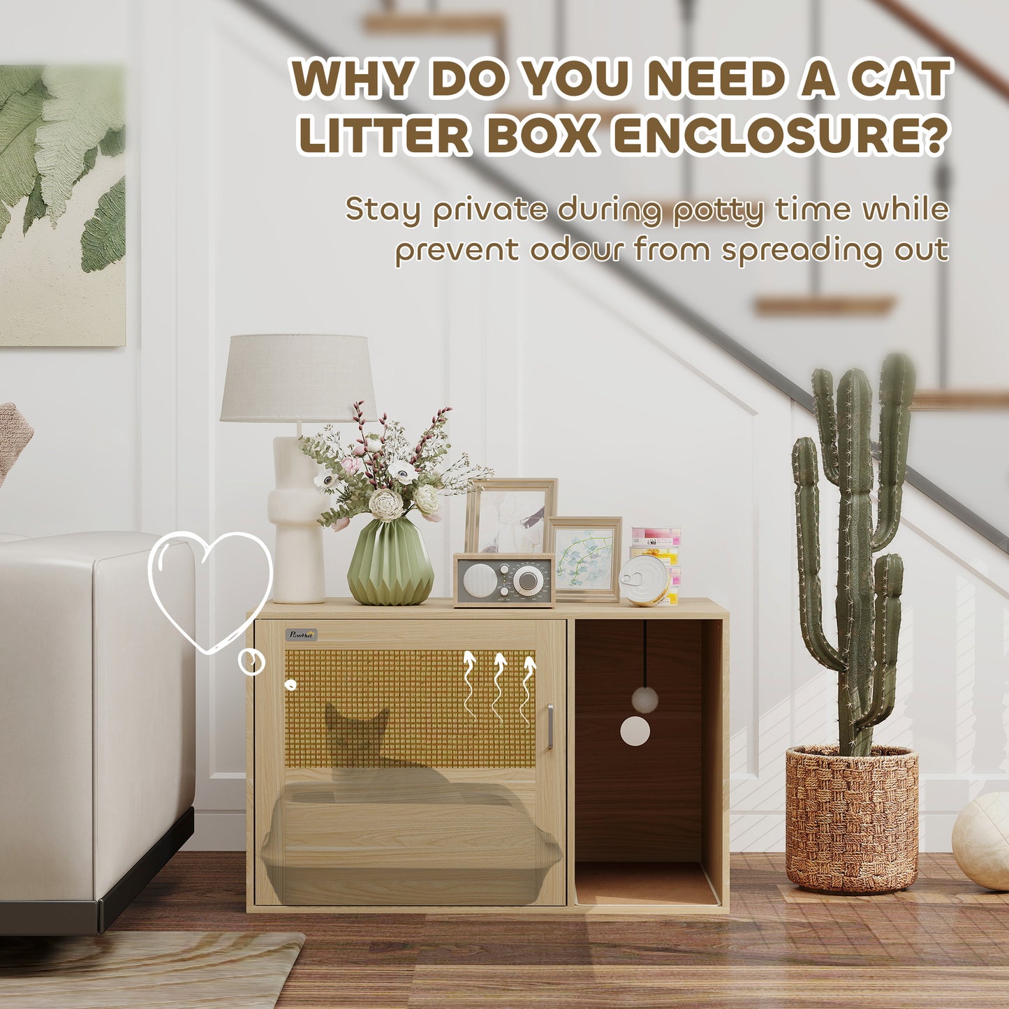 PawHut Boho Style Cat Litter Box Enclosure with Rattan Door, Scratching Mat, Non-slip Foot Pads, 31.5" x 20" x 20"