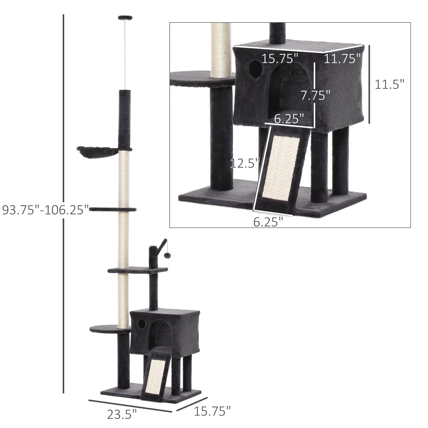 PawHut 106" Huge Cat Tree Floor-to-Ceiling, Cat Climbing Tower, Kitty Activity Center with Scratching Post Board, Hammock, Hanging Ball, Rest Dark Gray