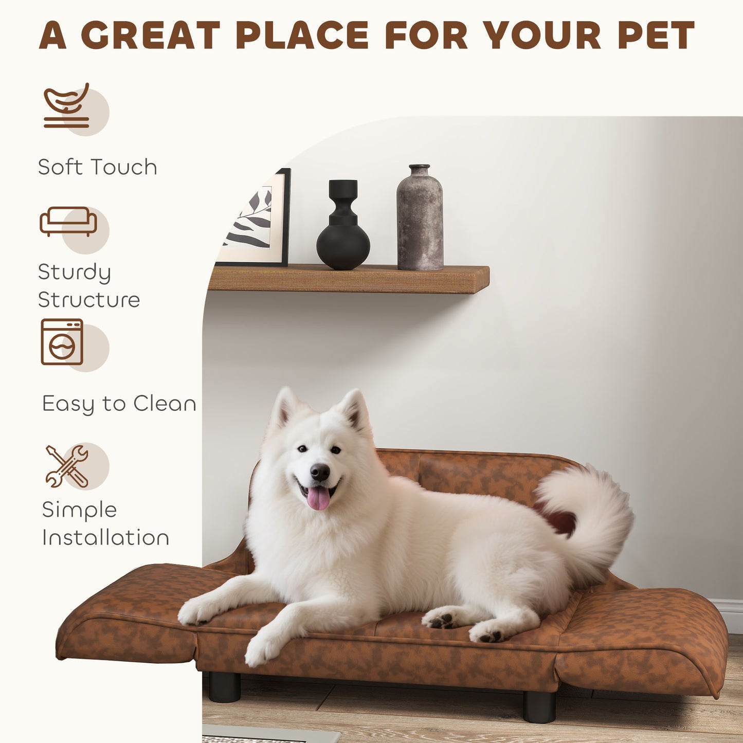 PawHut Pet Sofa Dog Bed Couch, Foldable Cat Lounger PU Leather Cover for Medium & Large Sized Animals, 39" x 21.75" x 17.75", Expandable to 52" x 30.25" x 7", Brown