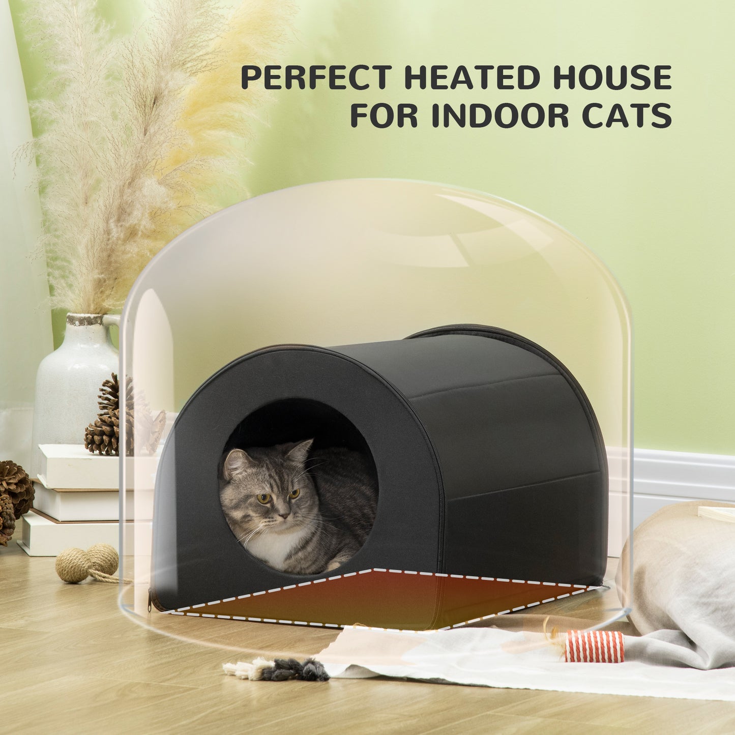 PawHut Dome Heated Cat House Portable and Waterproof Pet Shelter for Kitty in Winter, Black