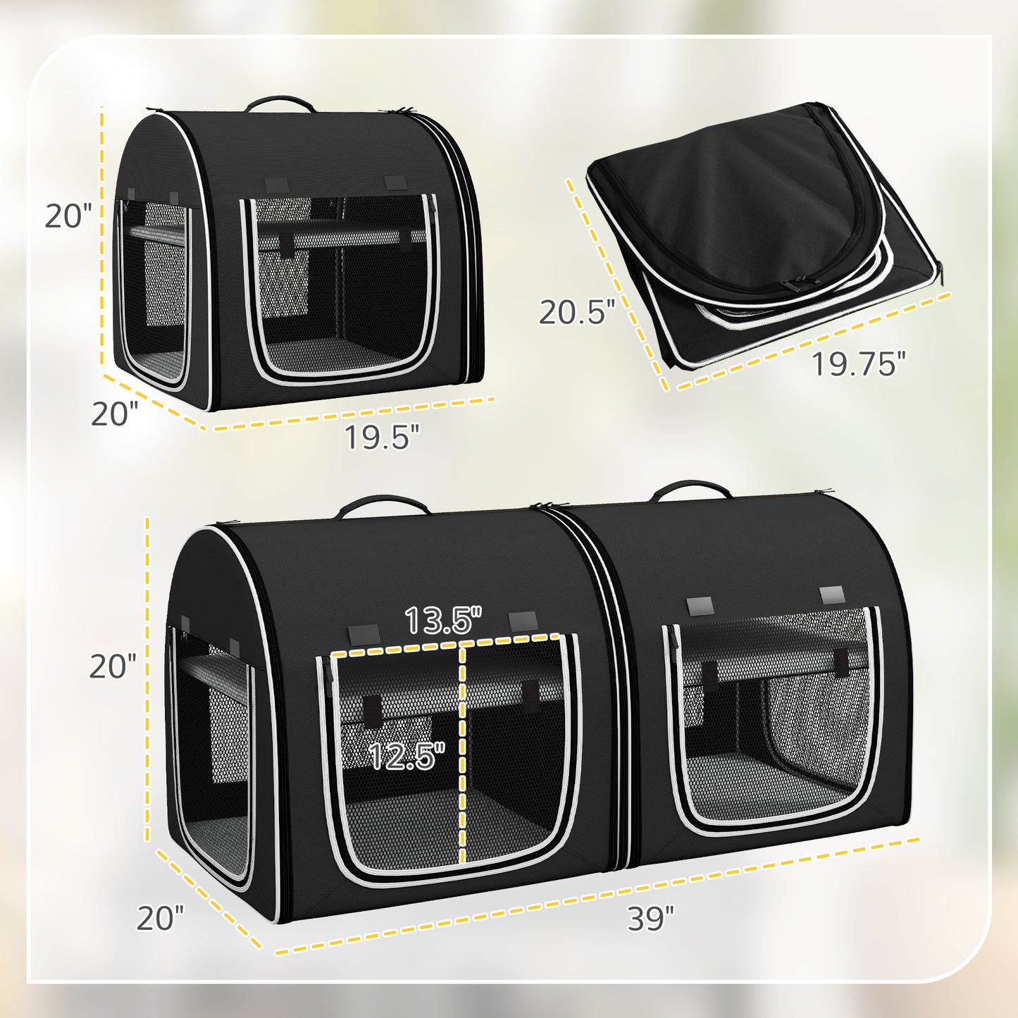 PawHut 39" Portable Soft 2 Sided Pet Cat Carrier with Divider, Two Compartment, Soft Cushions, & Storage Bag, Black