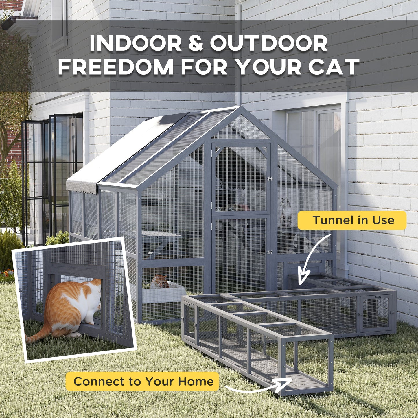 PawHut Wooden Catio Outdoor Cat Enclosure with Waterproof Cover, 2 Condos, 6 Platforms, Bridge, Doors, Gray