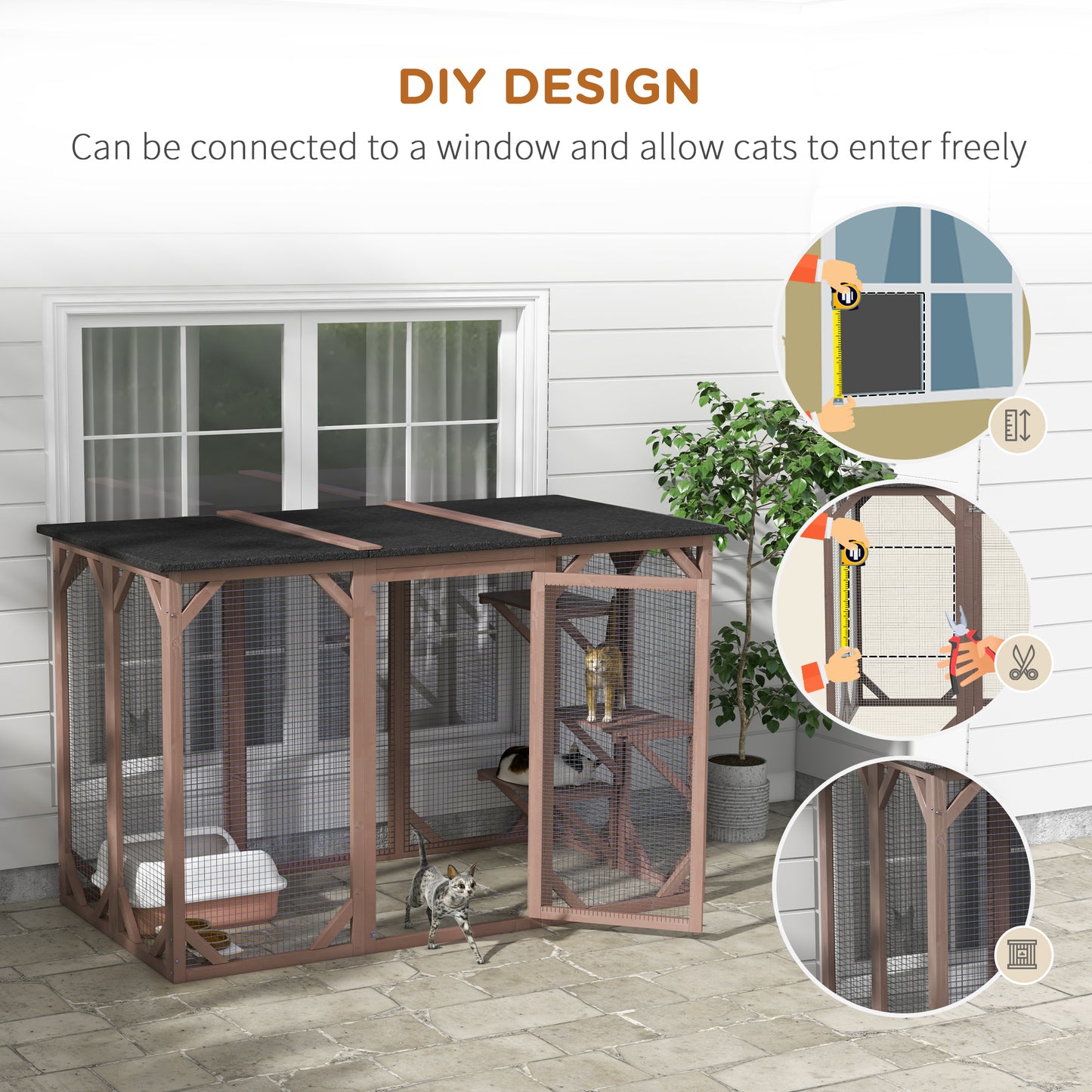 PawHut Outdoor Cat House, Catio Wooden Feral Cat Shelter, Cat Cage with Platforms, Large Enter Door, Weather Protection Asphalt Roof, 71" L, Brown