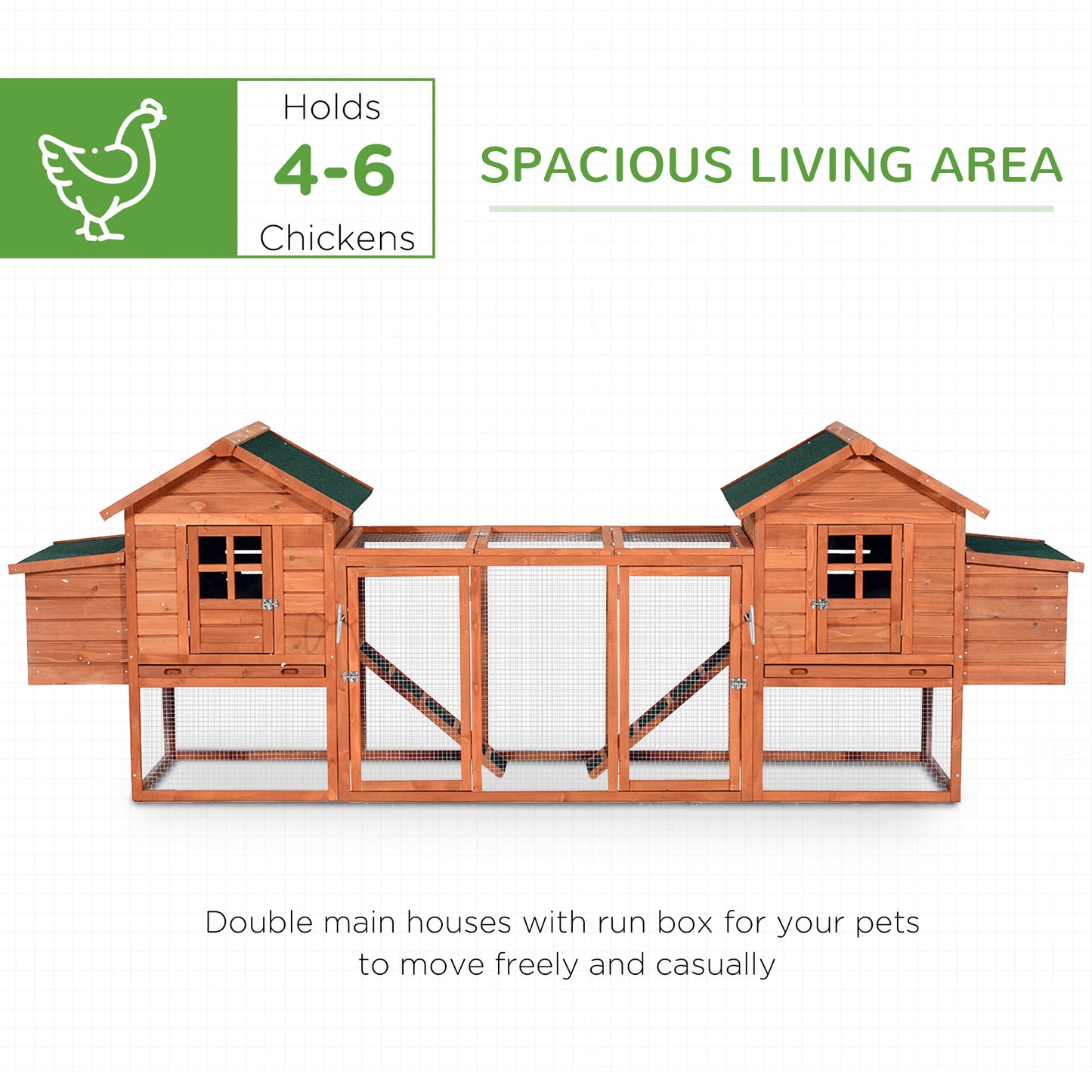 PawHut 124" Dual Chicken Coop Wooden Large Chicken House Rabbit Hutch Hen Poultry Cage Backyard with Outdoor Ramps and Nesting Boxes