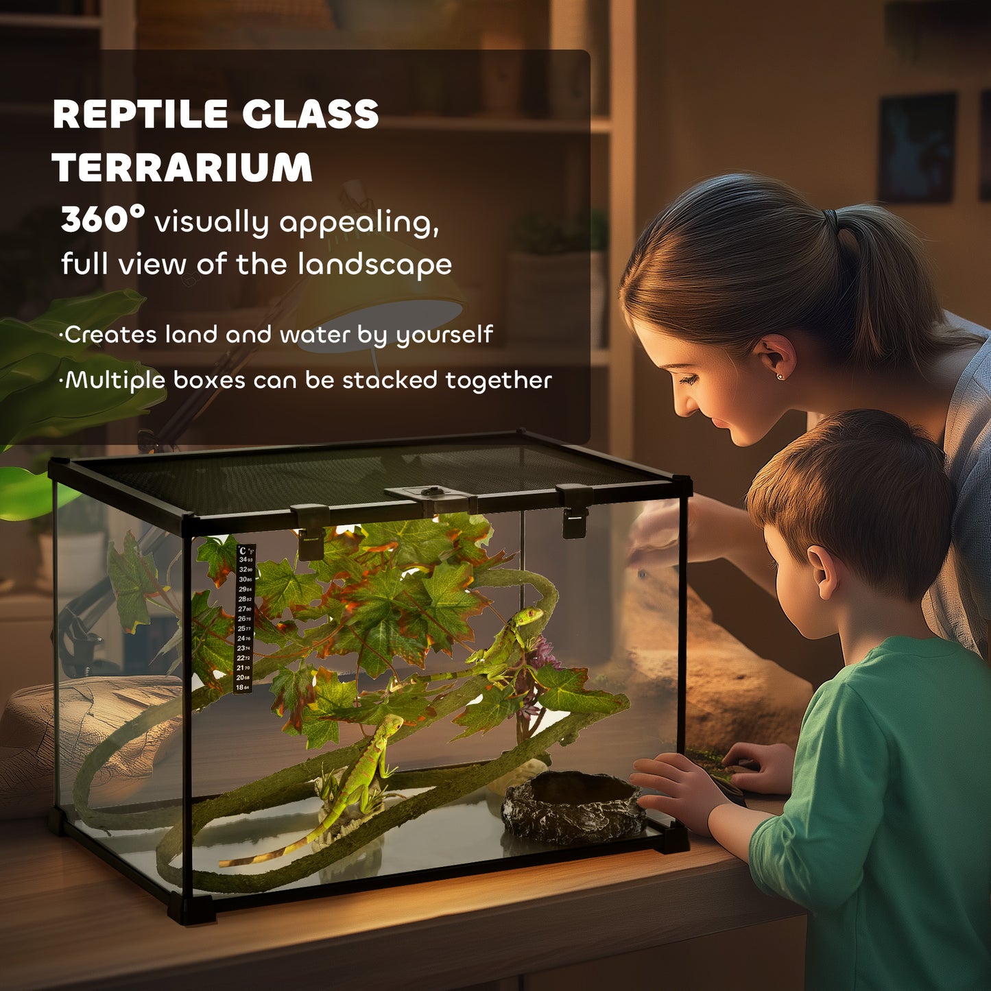 PawHut 14 Gallon Glass Reptile Terrarium Tank, Box Full View with Sliding Screen Top, 20" x 12" x 14", Black
