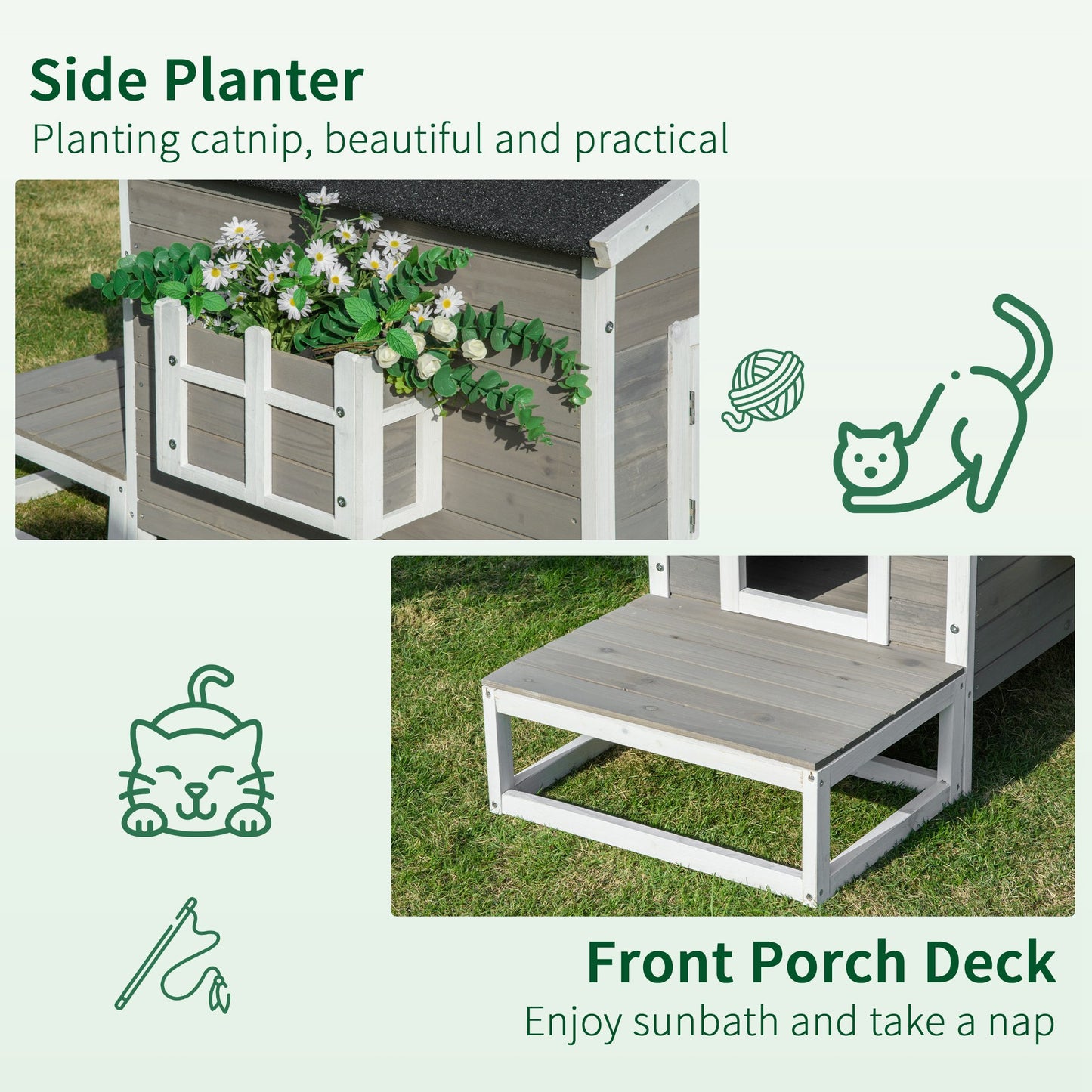PawHut Wooden Cat House Outdoor with Door, Weatherproof 2-Floor Feral Cat Shelter with Asphalt Roof, Balcony, Dark Gray