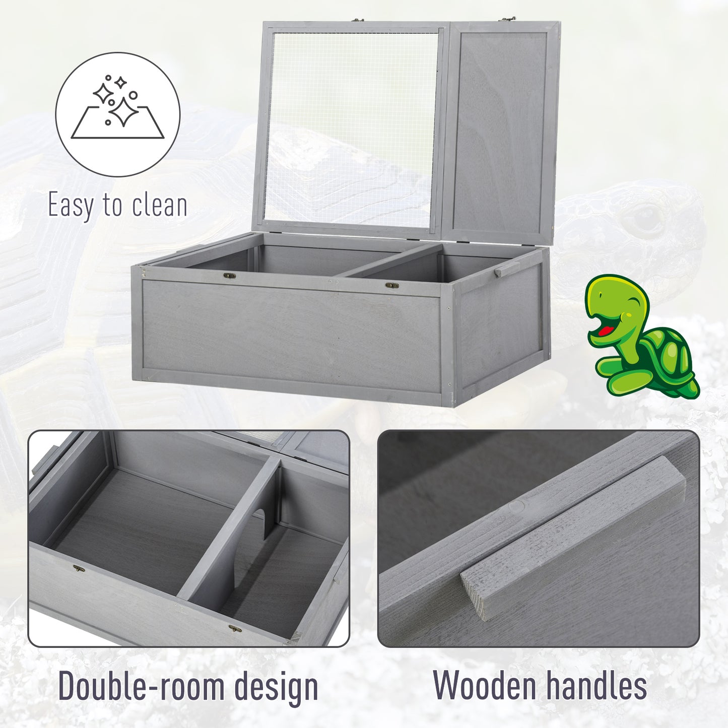 PawHut 37” Wooden Tortoise House Turtle Terrarium/ Small Reptile Enclosure with Two Room Design, Grey
