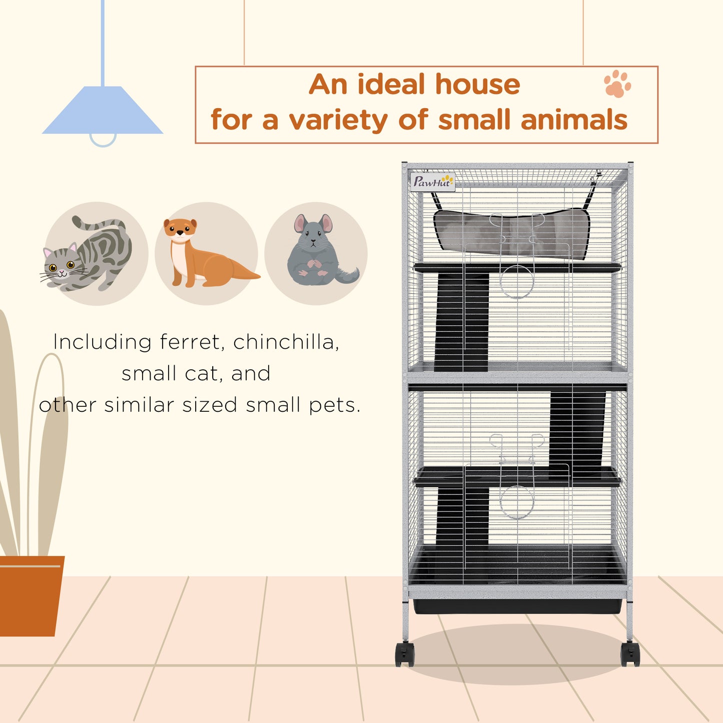 PawHut 45" H Rolling Small Animal Cage with Hammock, Ferret Cage, Chinchilla Cage, Pet Habitat with 6 Doors, Removable Tray
