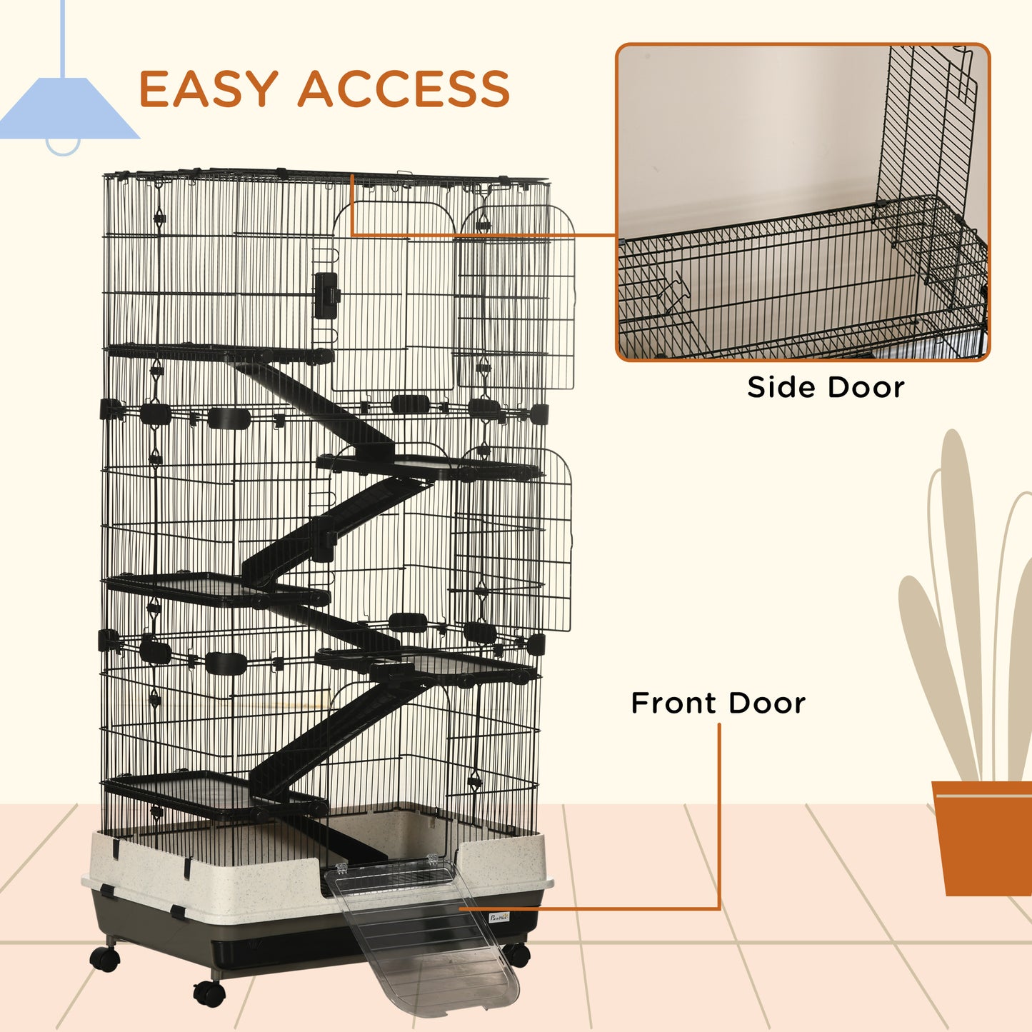 PawHut 6-tier Platform Rolling Small Animal Rabbit Cage with a Large Living Space, Black