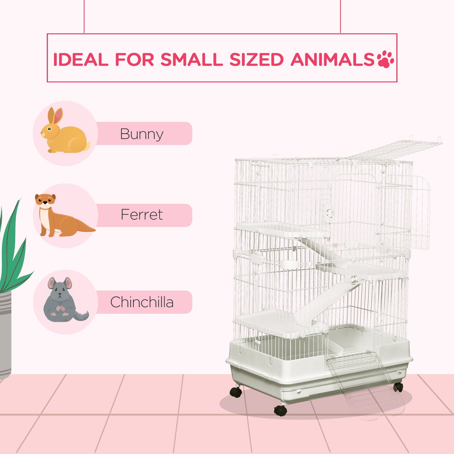 PawHut 32"L 4-Level Small Animal Cage Rabbit Hutch with Universal Lockable Wheels, Slide-out Tray for Bunny, Chinchillas, Ferret, White