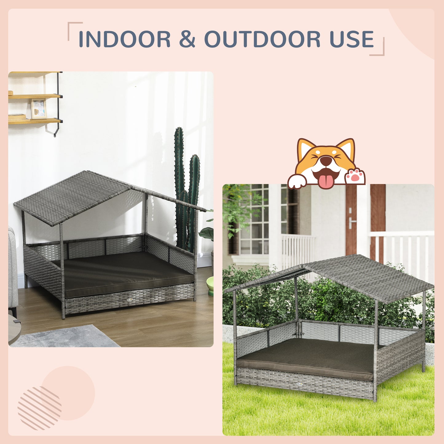 PawHut Outdoor Dog Bed with Canopy, Rattan Dog Bed with Soft Cushion Removable Cover for Medium and Large Dogs, Charcoal Gray