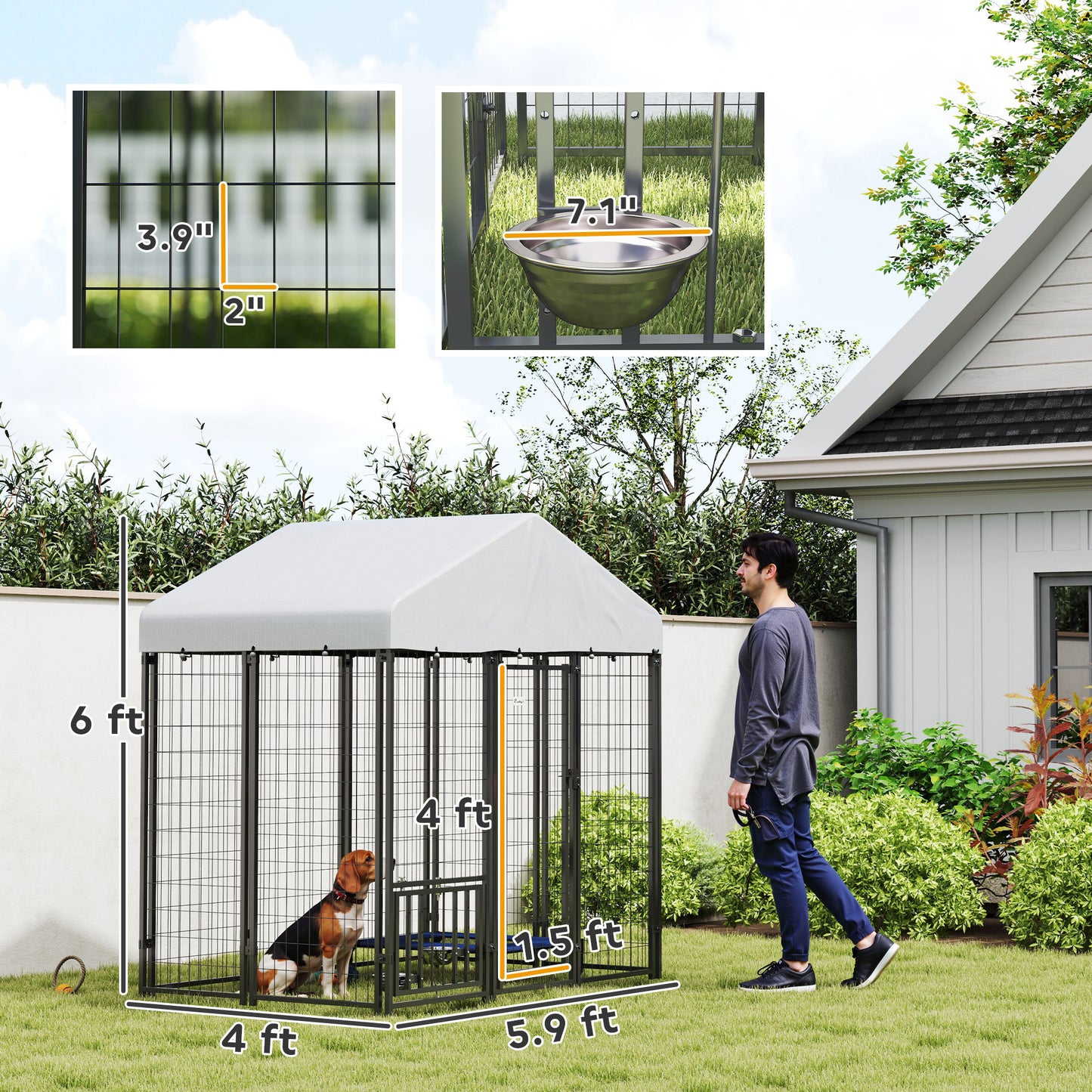 PawHut 5.9' x 4' x 6' Outdoor Dog Kennel with Roof, Rotating & 4-Level Adjustable Bowls