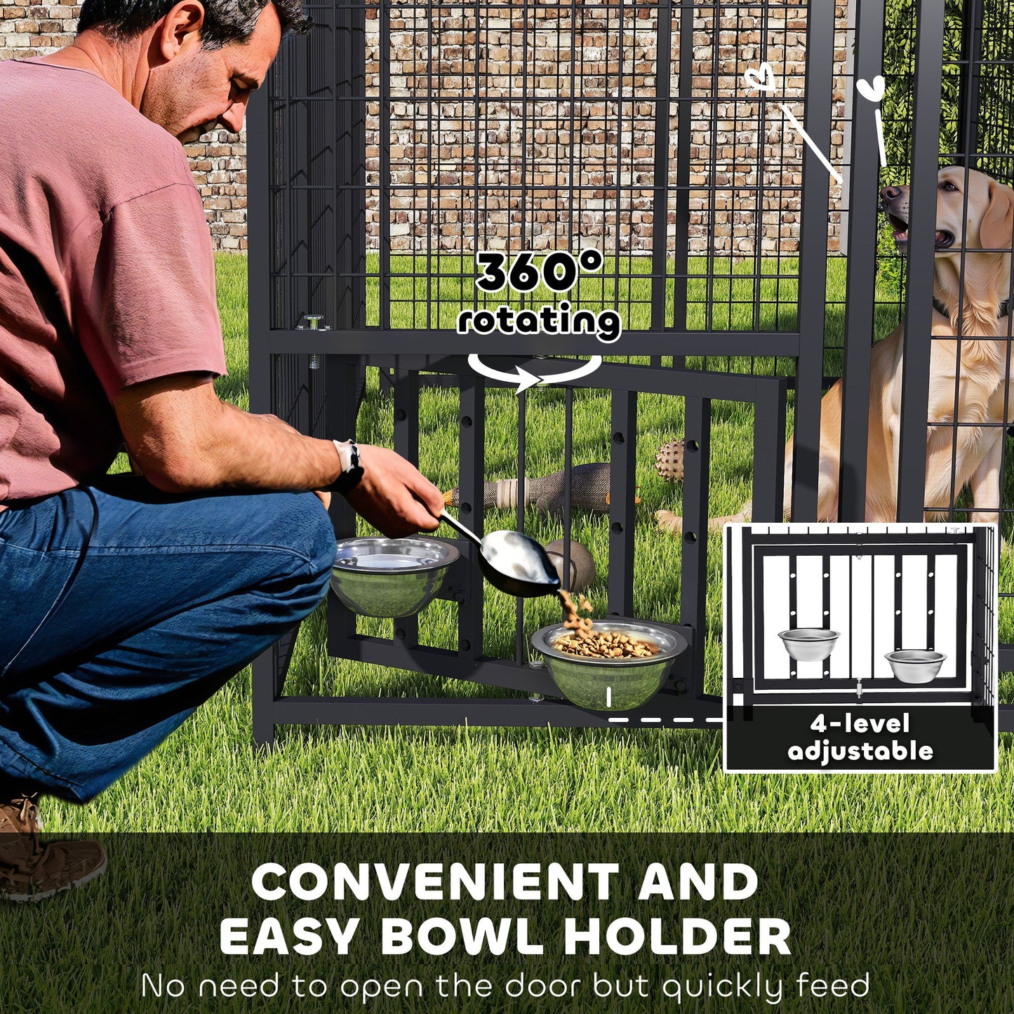 PawHut Welded Wire Outdoor Dog Kennel with 360° Rotating & 4 Levels Adjustable Bowls, Waterproof Cover, 7.9' x 4' x 6'