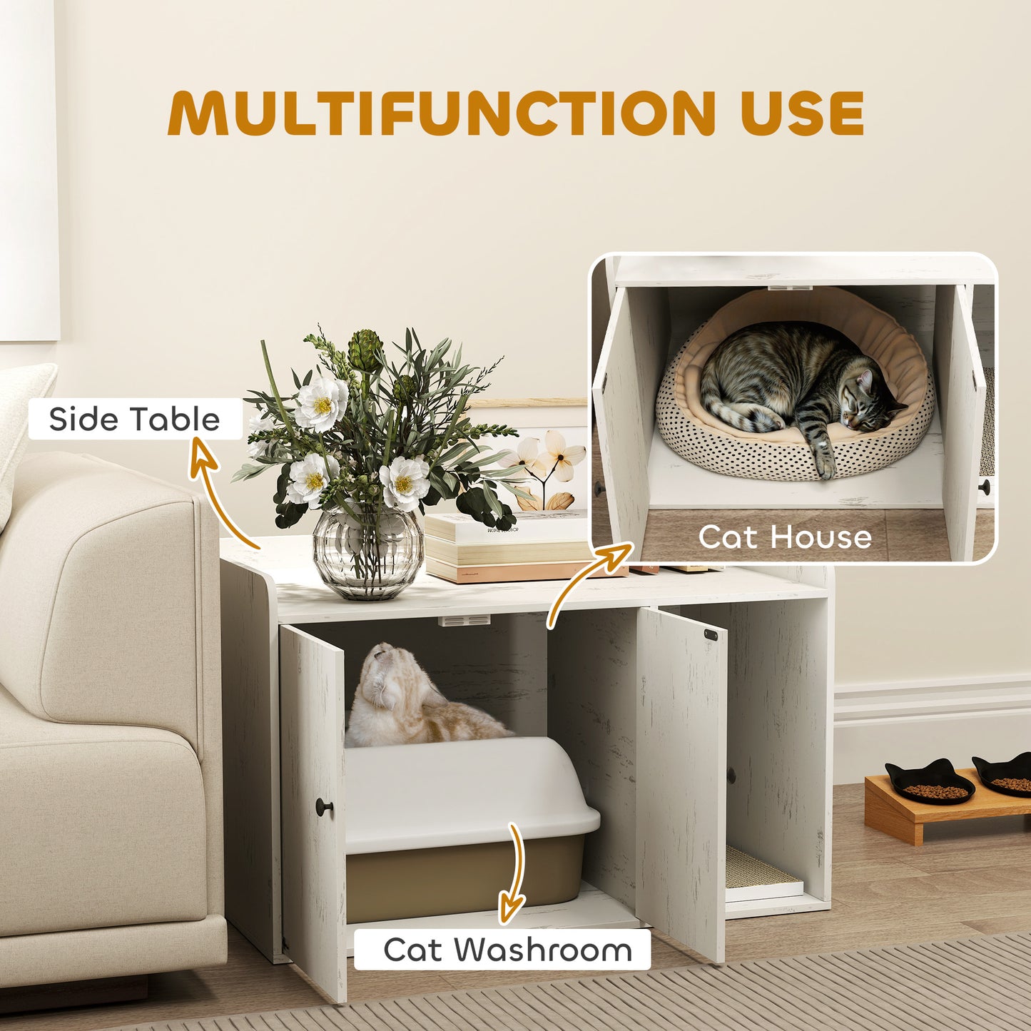 PawHut 32" Cat Litter Box Enclosure w/ Scratching Mat – Distressed White