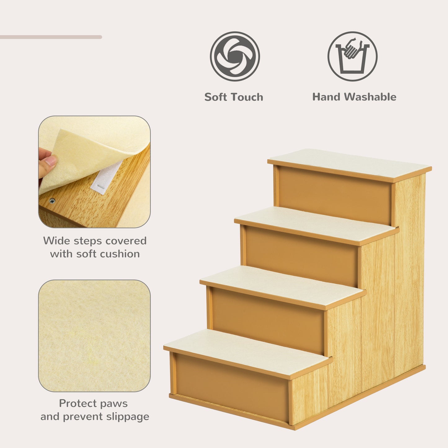 PawHut Pet Stairs, Small Pet Steps with Cushioned Removable Covering for Dogs and Cats Up To 22 lbs, Natural