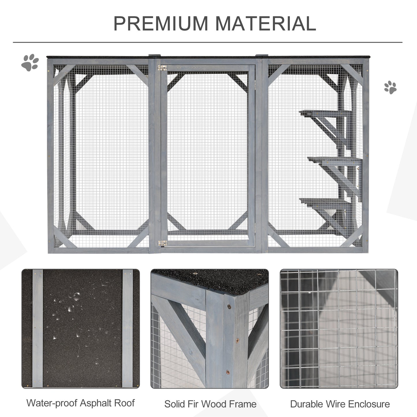 PawHut 71" x 32" x 44" Large Wooden Outdoor Cat Enclosure Catio Cage With 3 Platforms, Gray