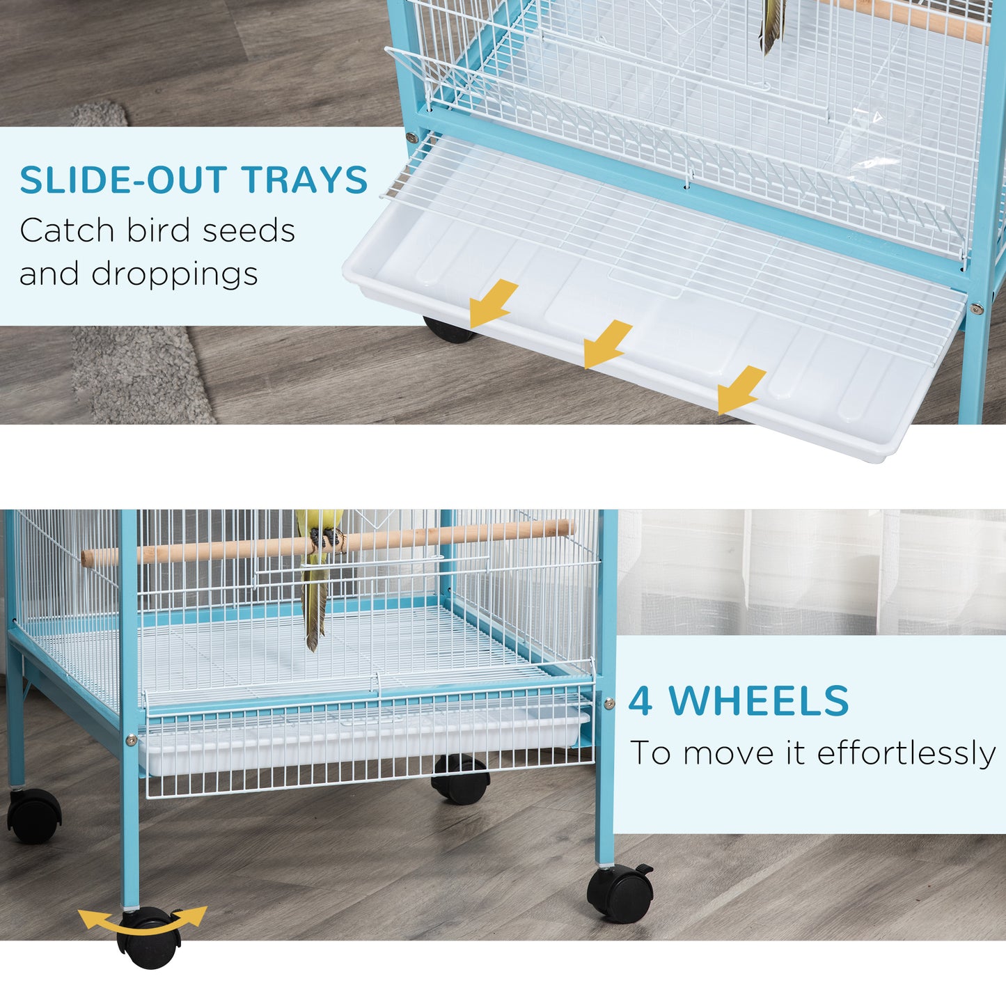 PawHut 55" 2 In 1 Bird Cage Aviary Parakeet House for finches, budgies with Wheels, Light Blue