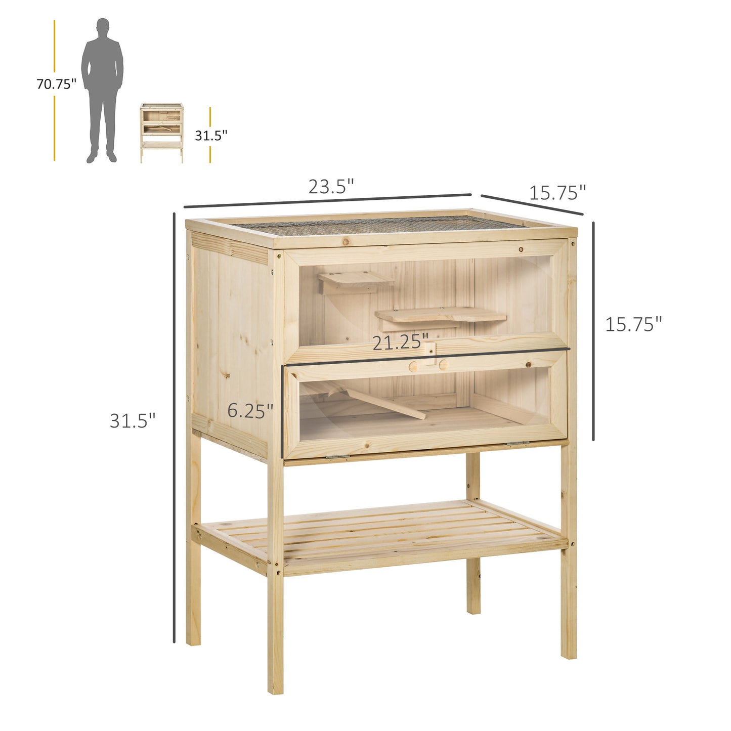 PawHut 3-Tier Wooden Hamster Cage Mice and Rat Cage Small Animals Hutch with Openable Top, Front Door, Shelf, Natural Wood