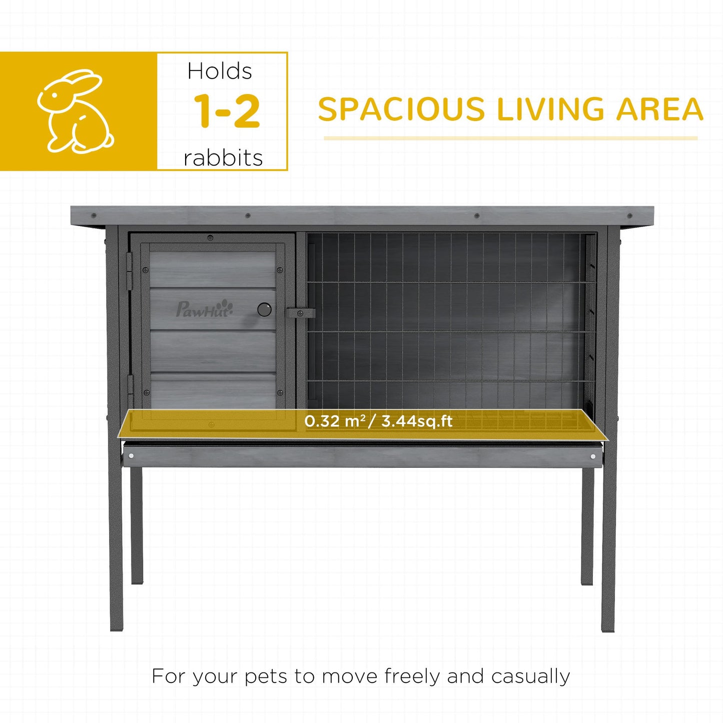 PawHut Wooden Rabbit Hutch Elevated with No Leak Tray, Openable Roof for Indoor/Outdoor, Gray
