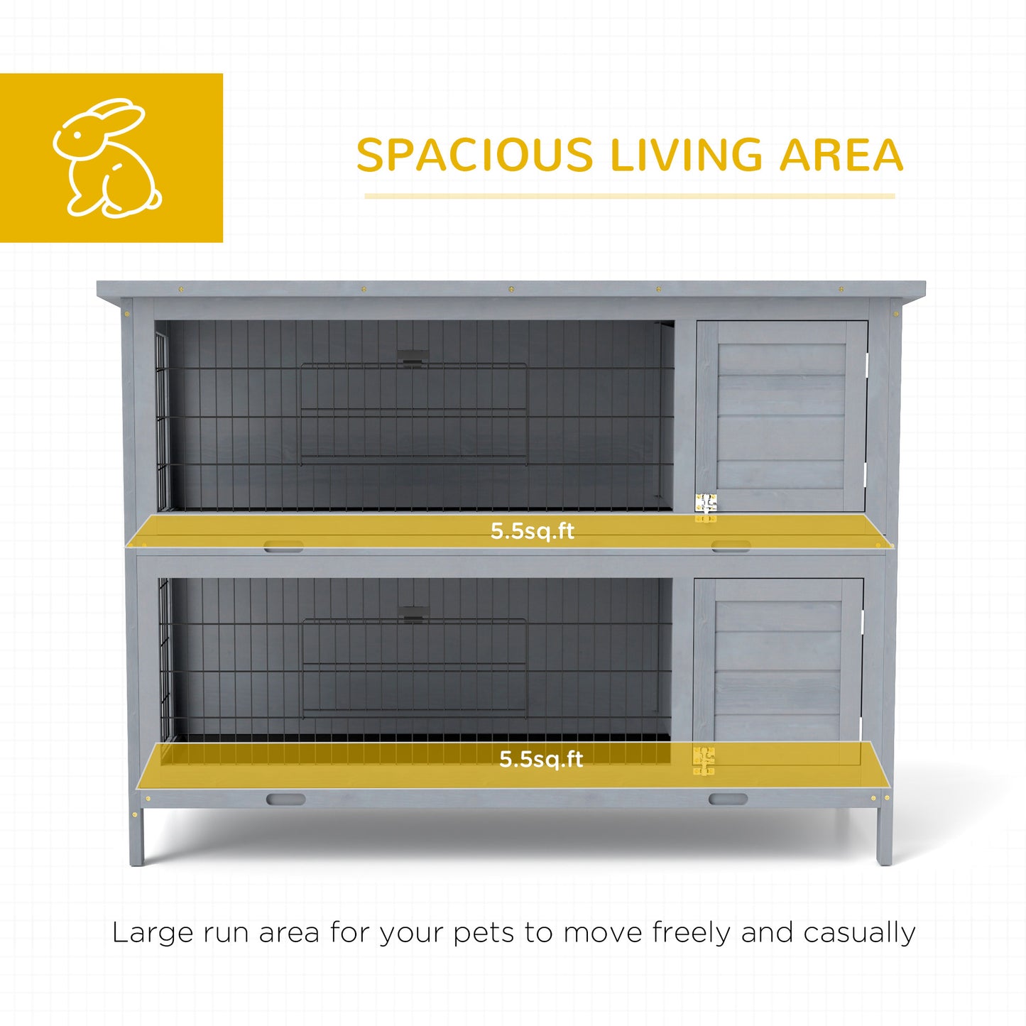 PawHut 54" 2-Story Large Rabbit Hutch Bunny Cage Wooden Pet House Small Animal Habitat with Lockable Doors, No Leak Tray and waterproof Roof for Rabbits, Chickens, Ducks, Outdoor/Indoor Gray