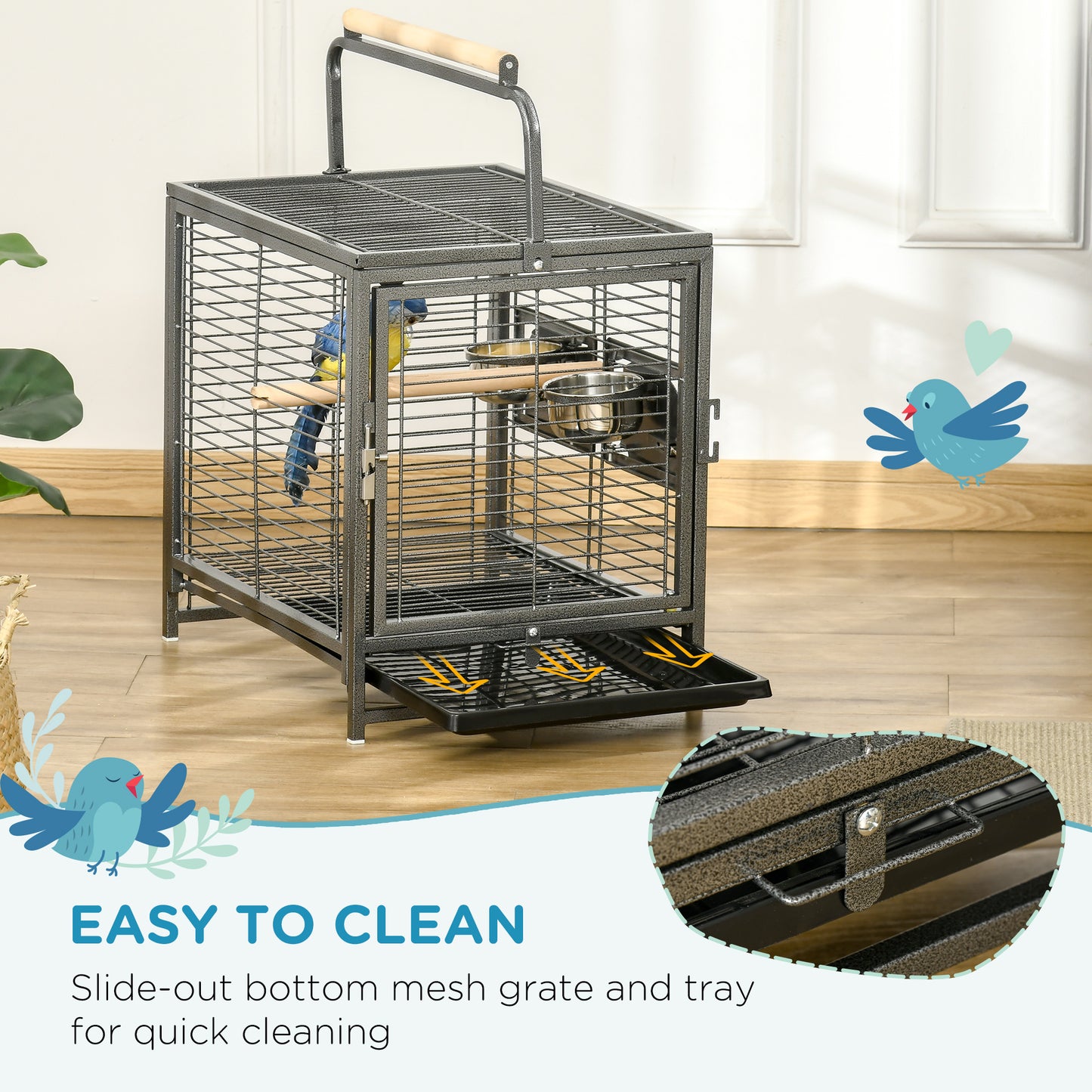 PawHut 18" Parrot Travel Carrier, Heavy Duty Wrought Iron Travel Bird Cage Carrier With Handle Perch And Accessories, Black