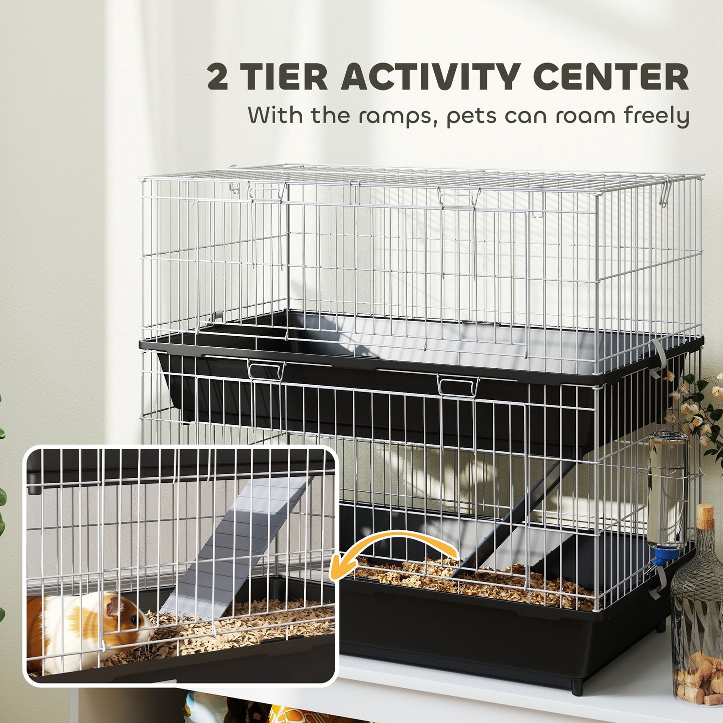 PawHut 2-Tier Small Animal Cage with 2 Doors, Trays, Dish, Bottle, and Ramp for Bunny, Ferret, Chinchilla, Black