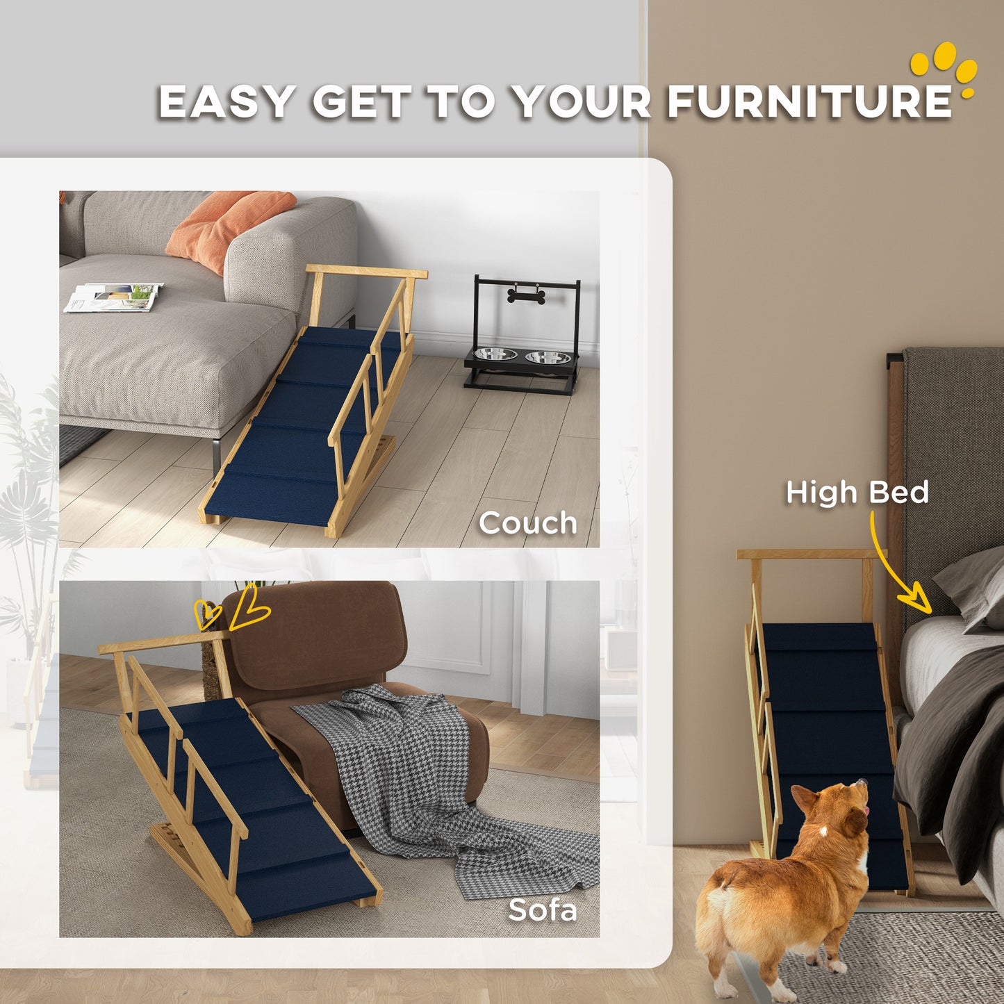 PawHut Dog Ramp, Adjustable Height Pet Steps, Foldable Dog Stairs with Non-slip Mat for Small to Large Dogs