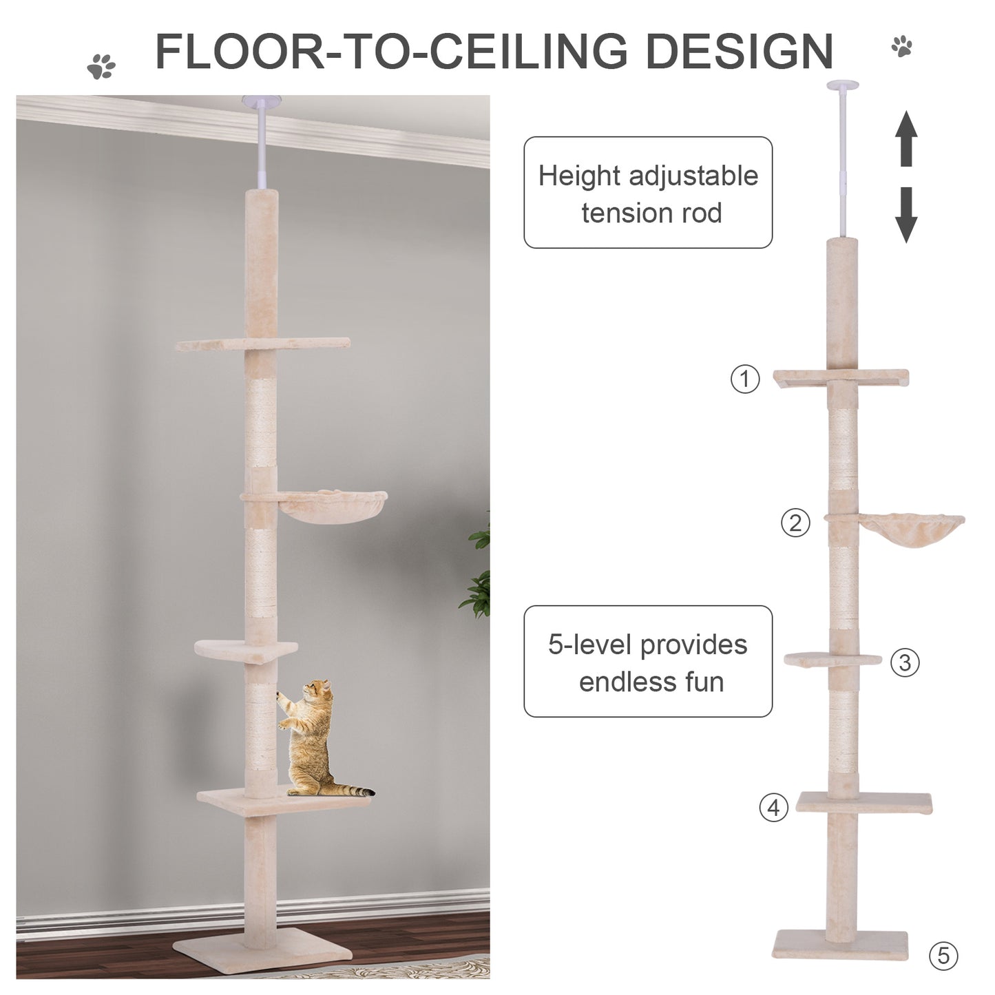PawHut 8.5' Adjustable Height Floor-to-Ceiling Vertical Cat Tree, 5 Level Cat Climbing Tower, Beige