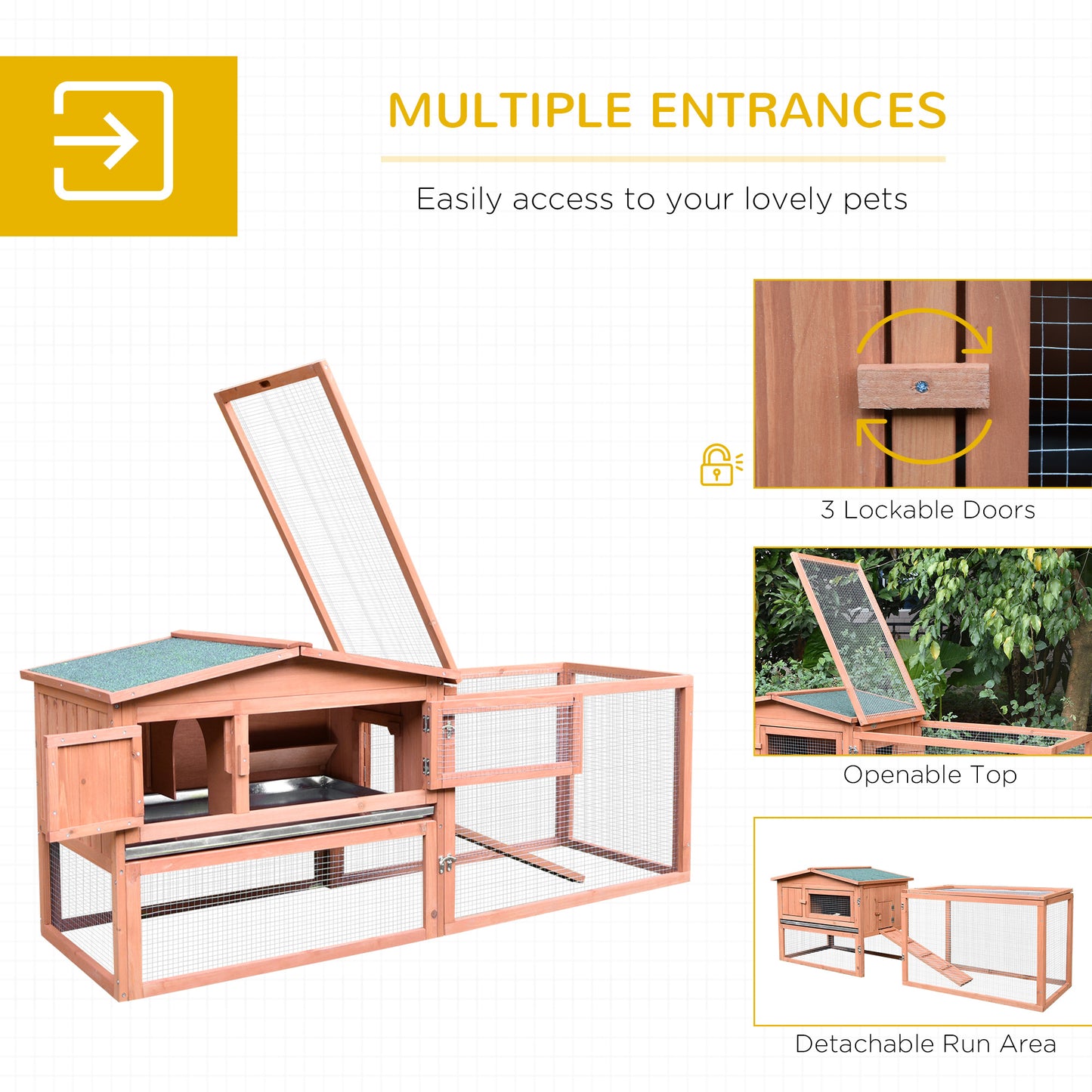 PawHut Rabbit Cage Outdoor, 62" Wooden Outdoor Rabbit Hutch, Small Animal Habitat with Detachable Run and Elevated Main House, Natural