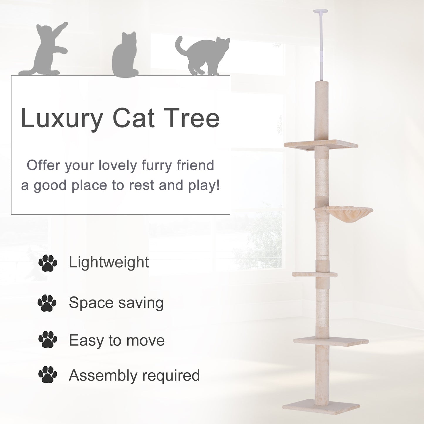 PawHut 8.5' Adjustable Height Floor-to-Ceiling Vertical Cat Tree, 5 Level Cat Climbing Tower, Beige