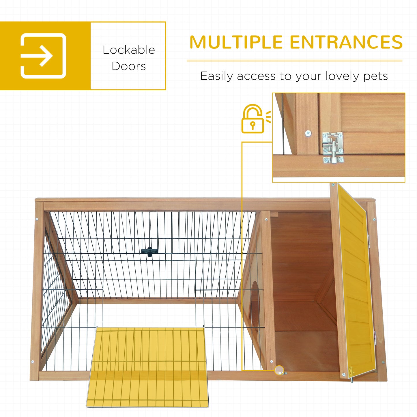 PawHut 46" x 24" Wooden A-Frame Outdoor Rabbit Hutch, Small Animal Cage, Bunny Hutch with Outside Run & Ventilating Wire, for Rabbits, Chickens, Ducks, Yellow