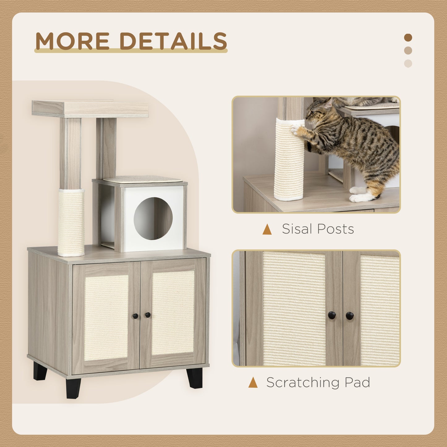 PawHut Cat Litter Box Enclosure Furniture with Cat Tree, Hidden Litter Box with Scratching Post, Bed, Modern Cat House Indoor, Gray